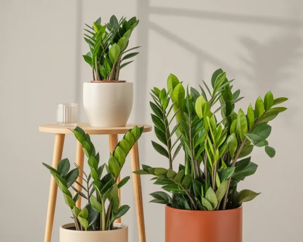 ZZ plant with glossy green leaves in a pot, perfect for low-light environments.