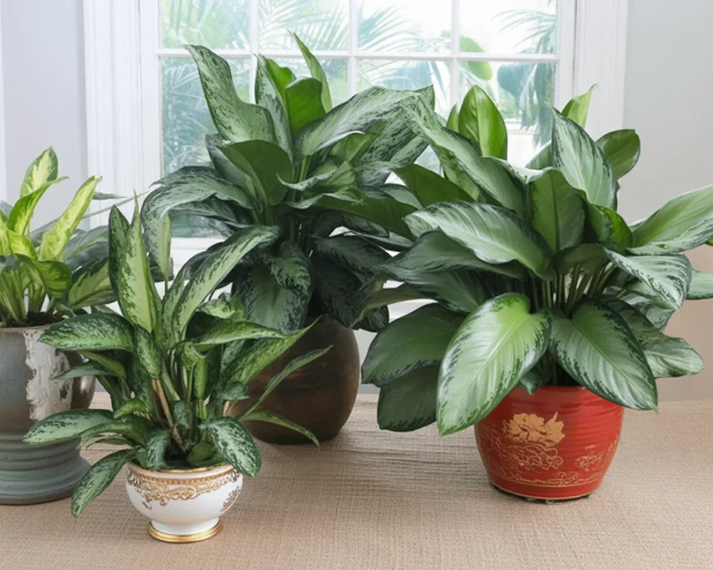 Close-up of a healthy Chinese evergreen plant, showcasing its vibrant foliage.
