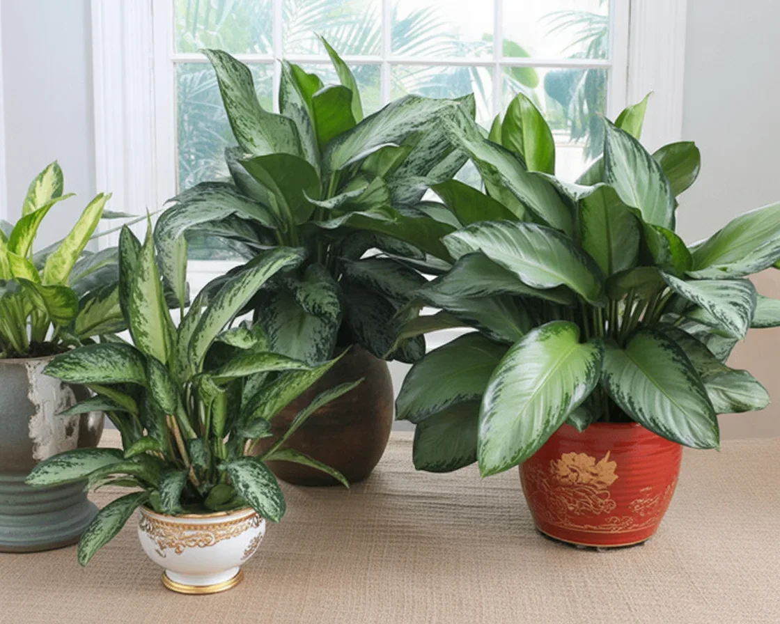 Close-up of a healthy Chinese evergreen plant, showcasing its vibrant foliage.