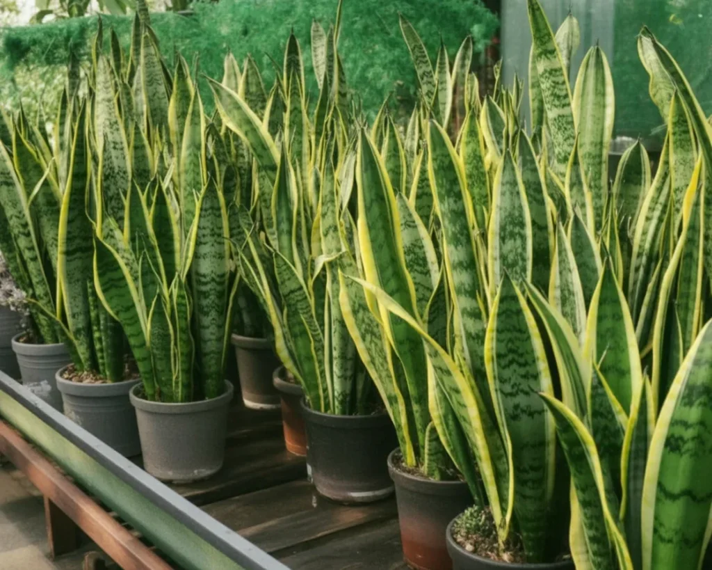 A vibrant snake plant with upright leaves and yellow edges, ideal for indoor decor.