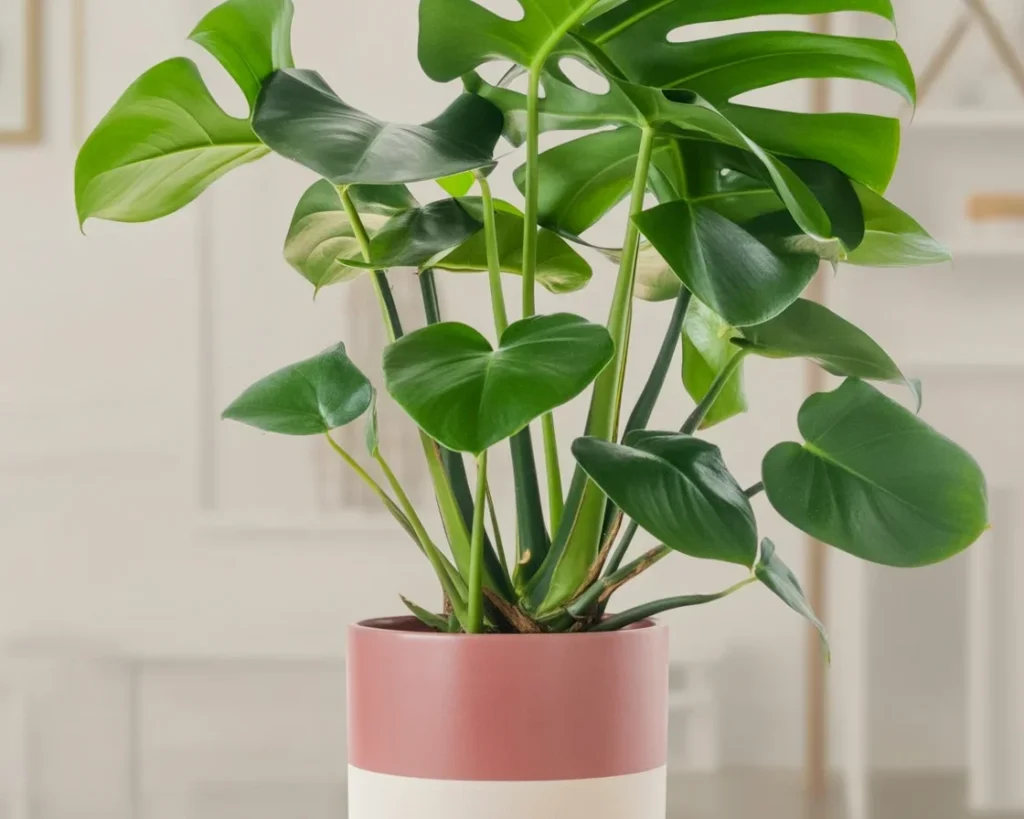 Monstera deliciosa plant showcasing its unique leaves and fruit in a tropical setting.